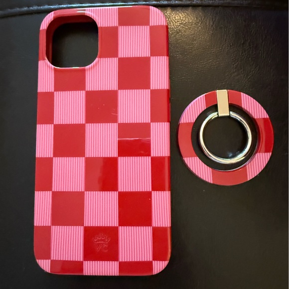 Velvet Caviar Red and Pink Checkered Phone Case with Ring Holder. Fits iPhone 13 - Picture 2 of 6